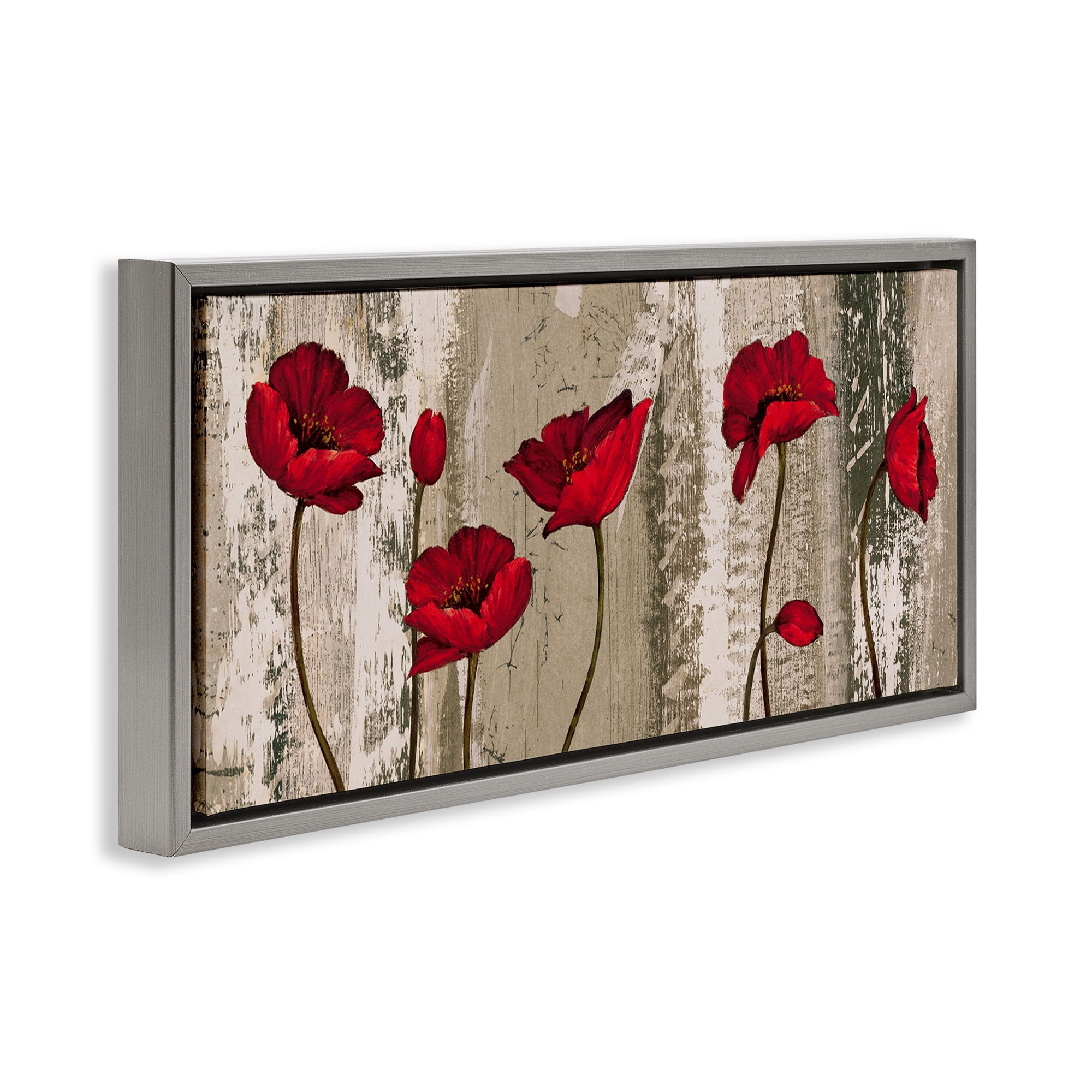 Stupell Industries Red Poppies Rustic Pattern Botanical & Floral Painting Gray Floater Framed Canvas Art Print Wall Art, 25 x 11