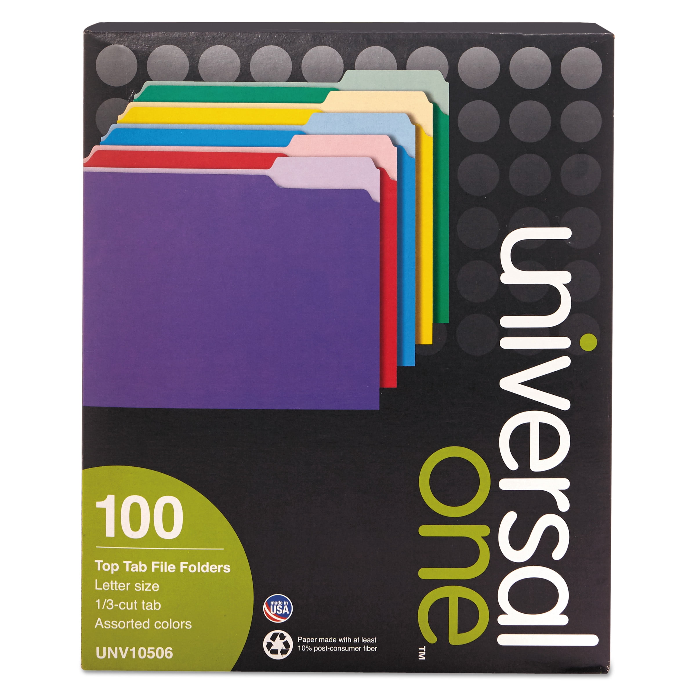 Universal Deluxe Colored Top Tab File Folders, 1/3-Cut Tabs, Letter Size, Assorted, 100/Box -UNV10506