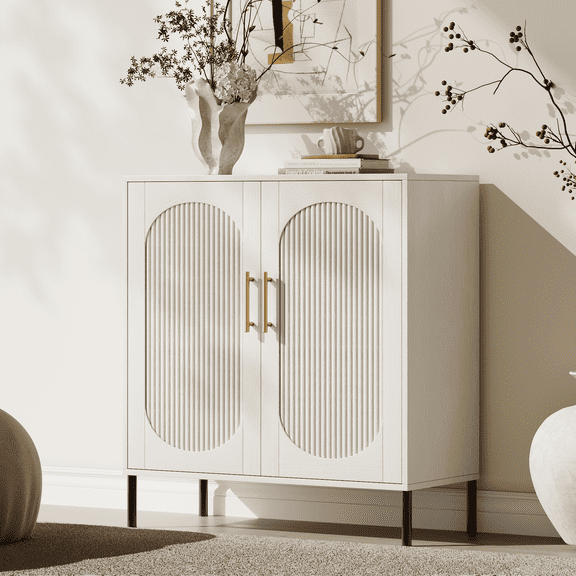 UGTOO 31" White Accent Storage Cabinet, Modern Minimalist 2-Door Sideboard Buffet Cabinet with Fluted Arched Design & Adjustable Shelf for Living Room Entryway