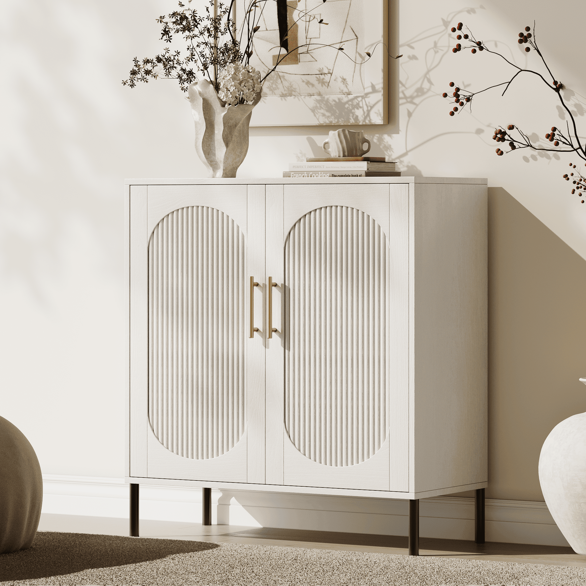 UGTOO 31" White Accent Storage Cabinet, Modern Minimalist 2-Door Sideboard Buffet Cabinet with Fluted Arched Design & Adjustable Shelf for Living Room Entryway