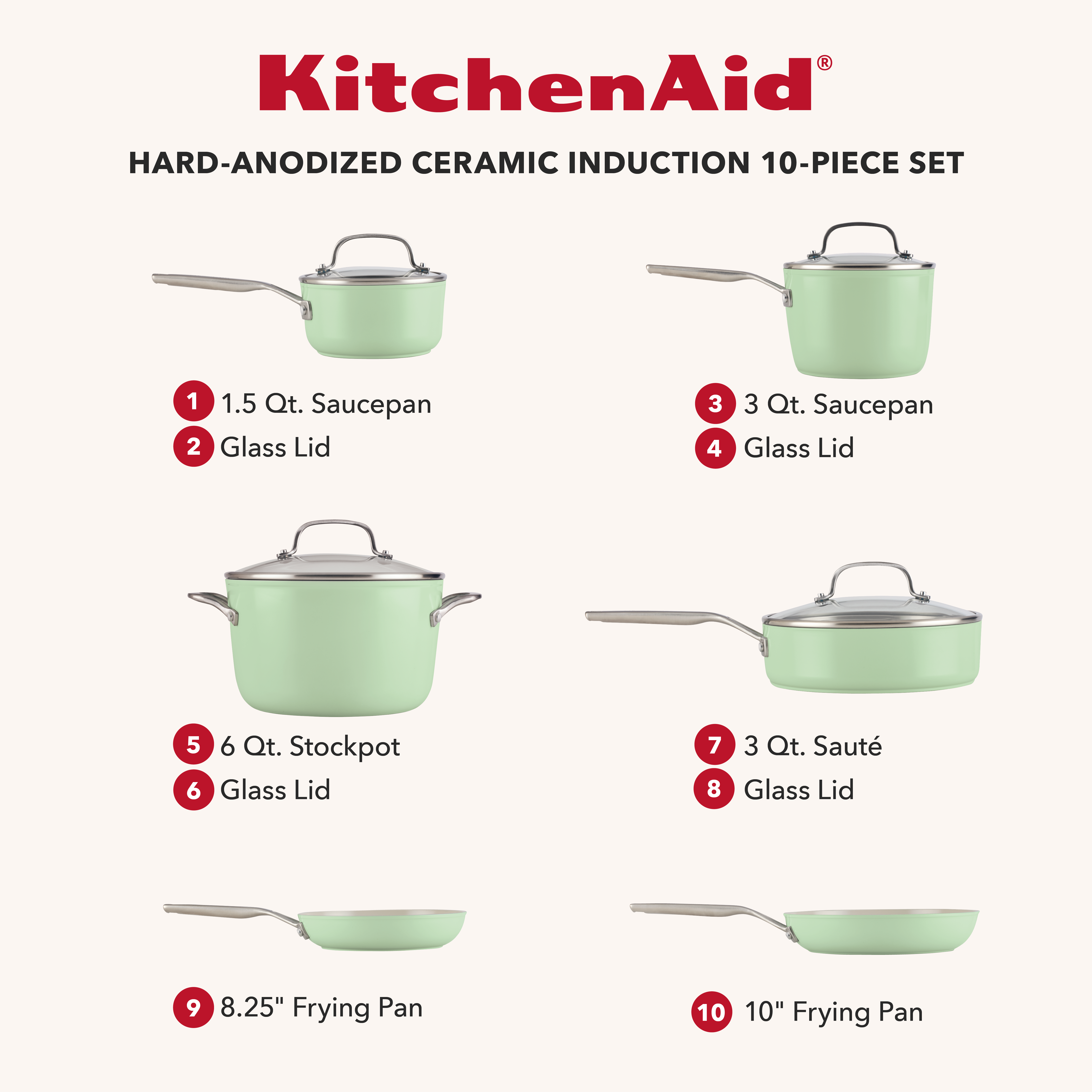 KitchenAid Hard-Anodized 10 Pcs Ceramic Induction Cookware Set, Dishwasher Safe and Oven Safe to 500°F, Pistachio
