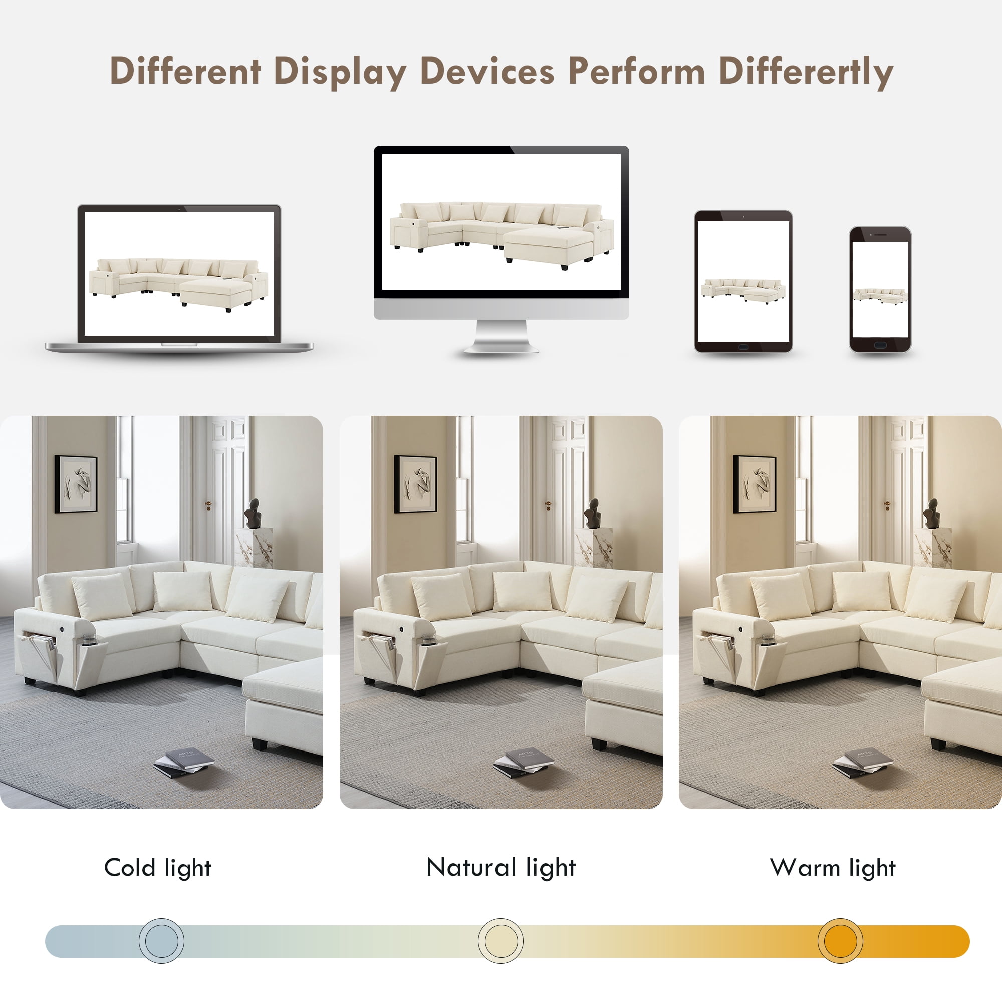 Sectional Sofa, U-Shape Sofa, Chenille Couch, 6-Seater Couch with Oversized Ottoman and Armrest Storage for Living Room, Off White