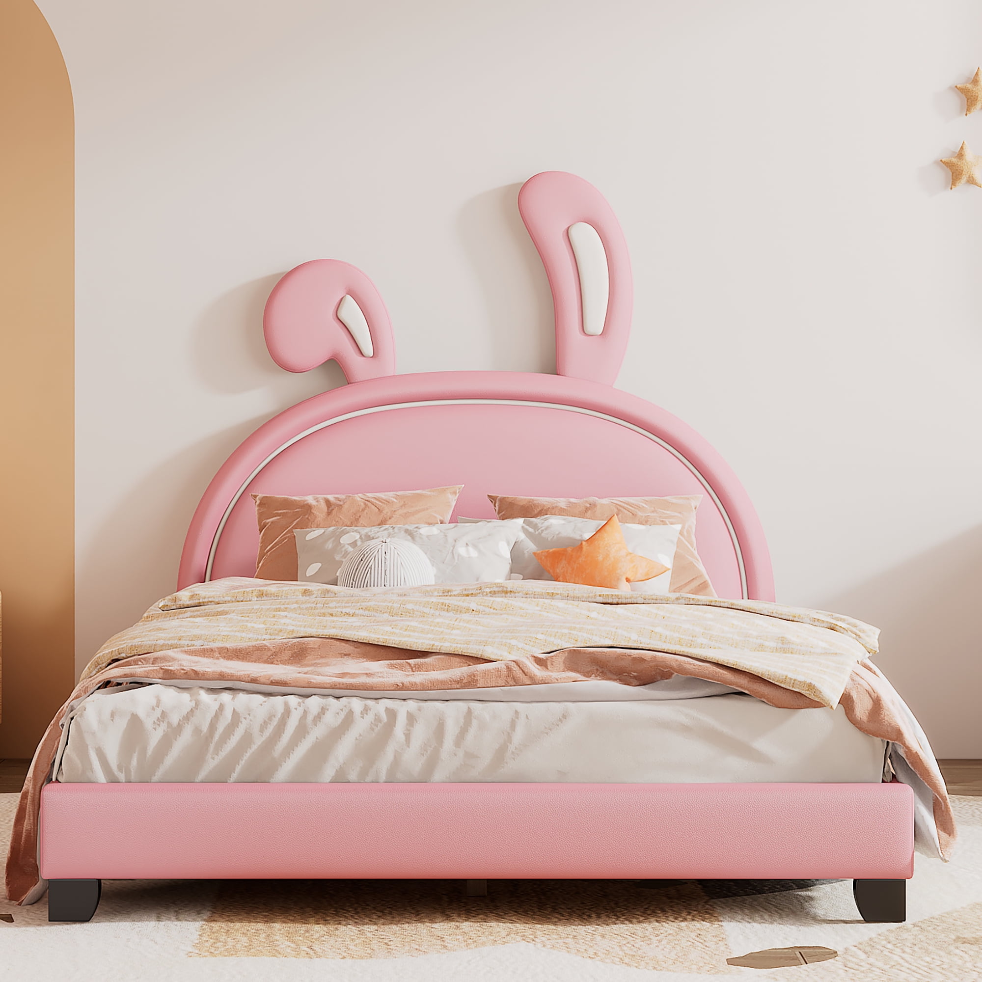 Aukfa Upholstered Platform Bed with Bunny Ears Headboard for Kids, Faux Leather Full Bed Frame - Pink