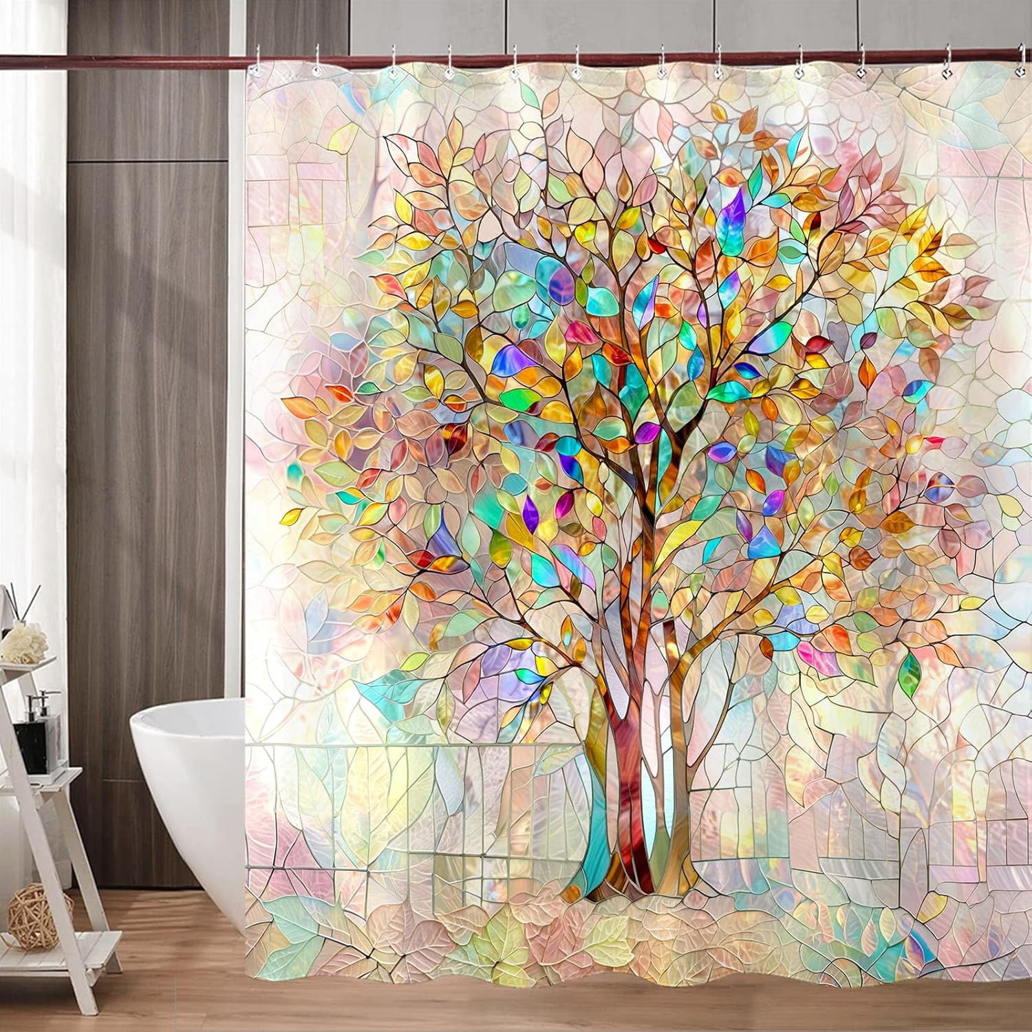 Tree of Shower Curtain Stained Glass Shower Curtain Art Life Shower Curtains for Bathroom Colorful Shower Curtain Set with 12 Hooks Tree 72×72 Inches