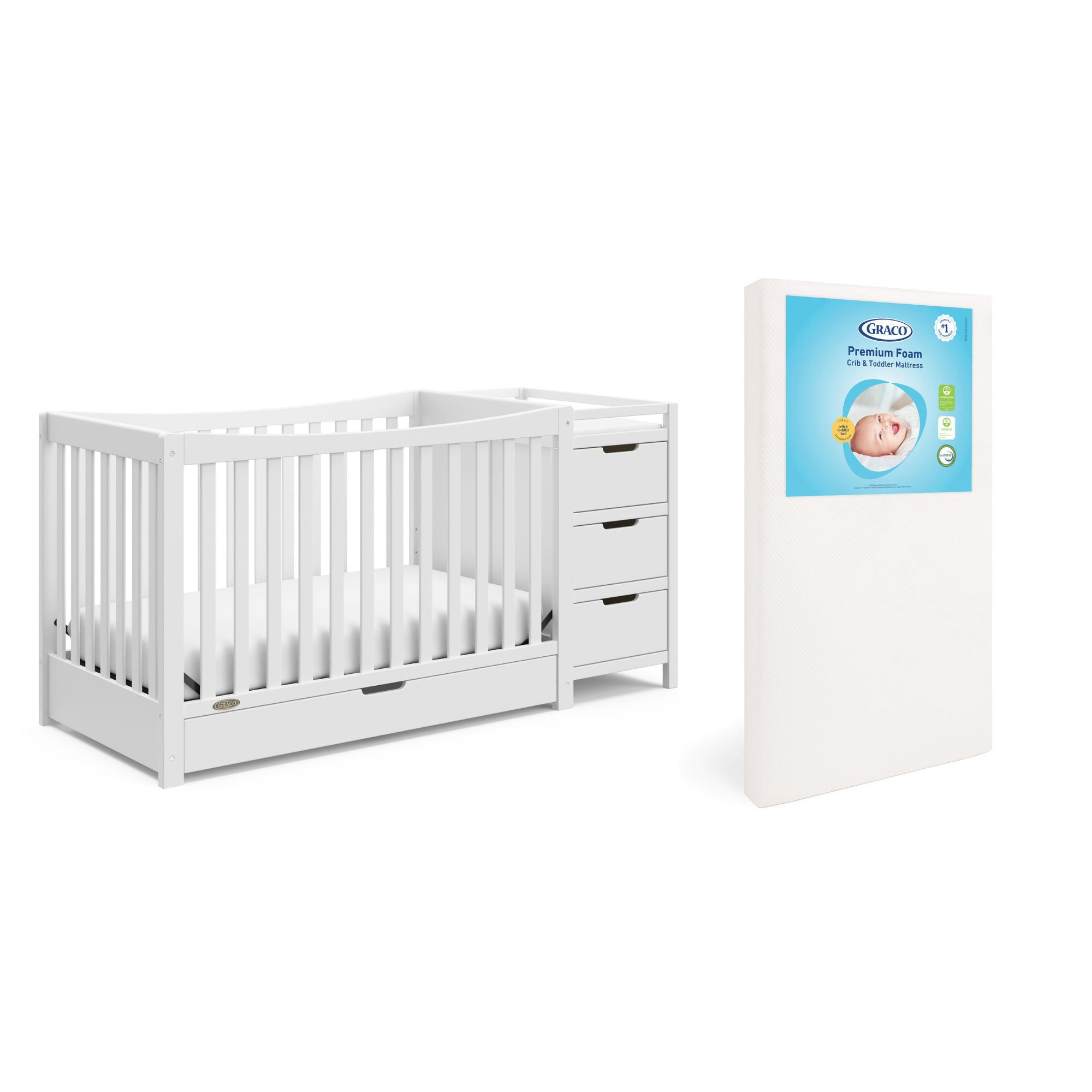 Graco Remi 4-in-1 Convertible Crib and Changer and Premium Crib & Toddler Mattress Bundle, White
