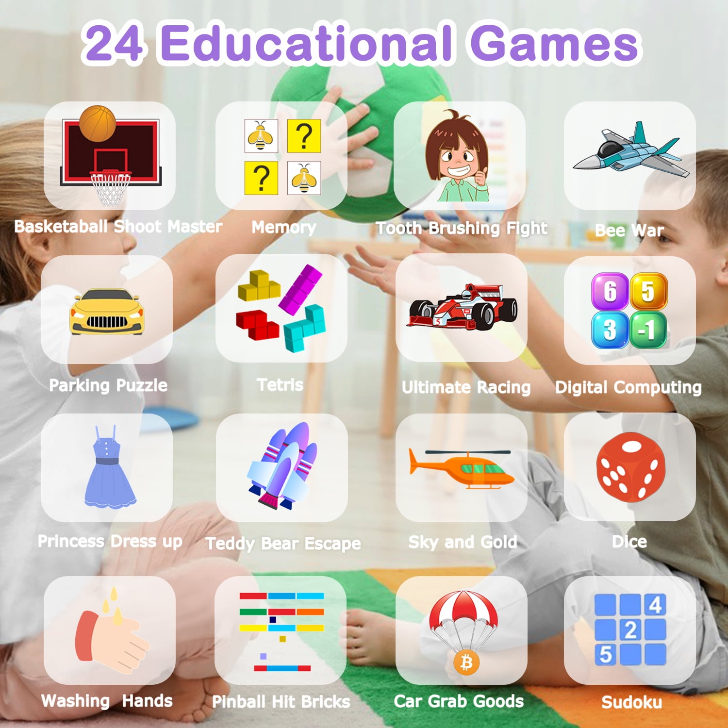 Kids Game Smart Watch Gifts for Girls Age 4-12, 24 Puzzle Games HD Touch Screen Smart Watches with Video Camera Music Player Pedometer Flashlight 12/24hr, Educational Toys for 8 10 12 Year Old Girl