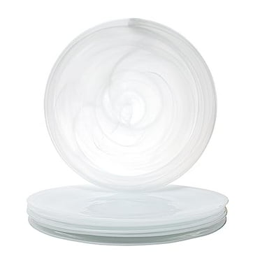Vikko Charger Plates, Set of 6 White Alabaster Dinner Plates, 13" Plate with Marbelized, Swirl Design, Elegant Glass Charger, Dishwasher Safe
