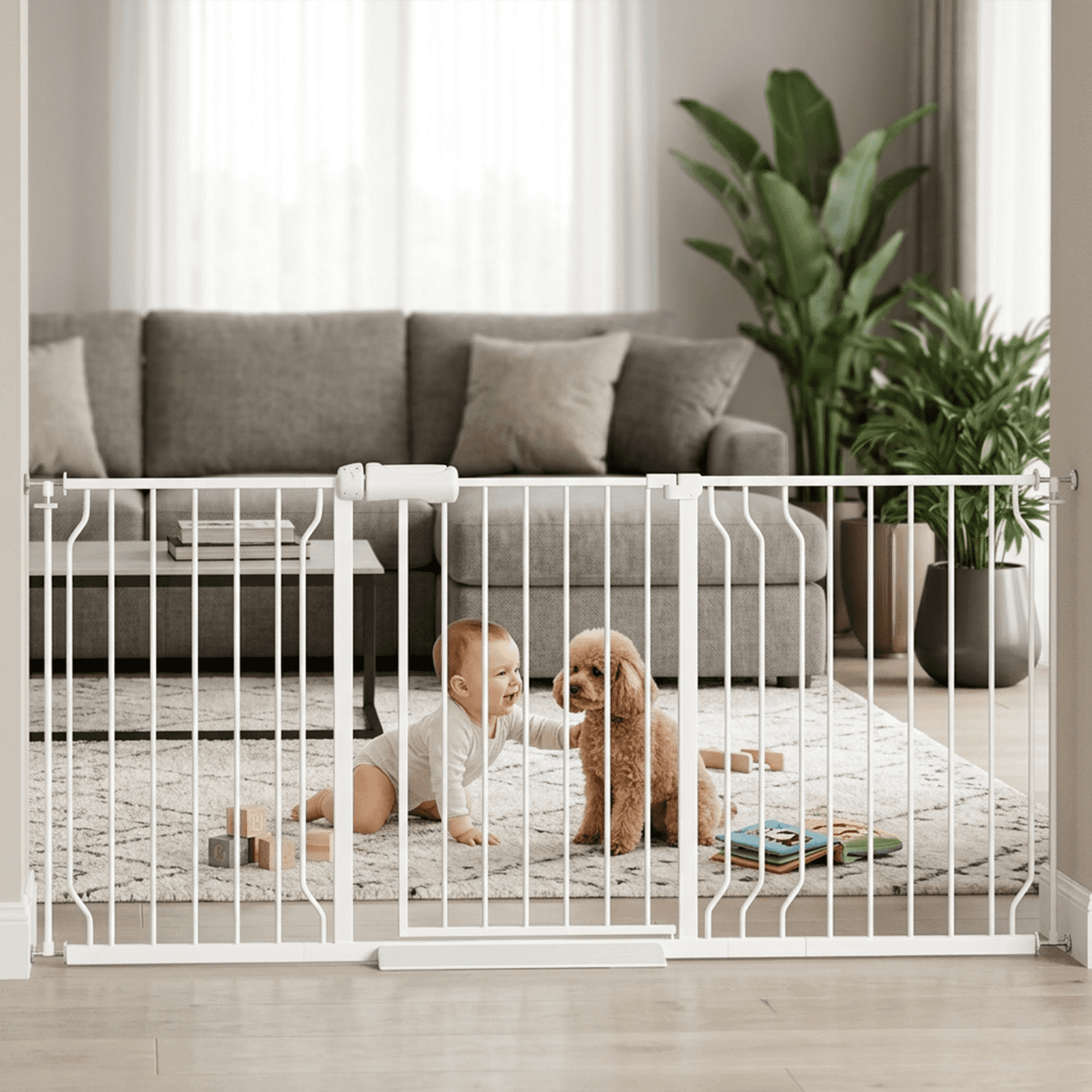 40 Tall Baby Gate for Stairs & Doorways 52-62 Adjustable Safety Pet Gate No-Drill Pressure Mount Metal Barrier with Auto Close Door Child & Pet Protection White