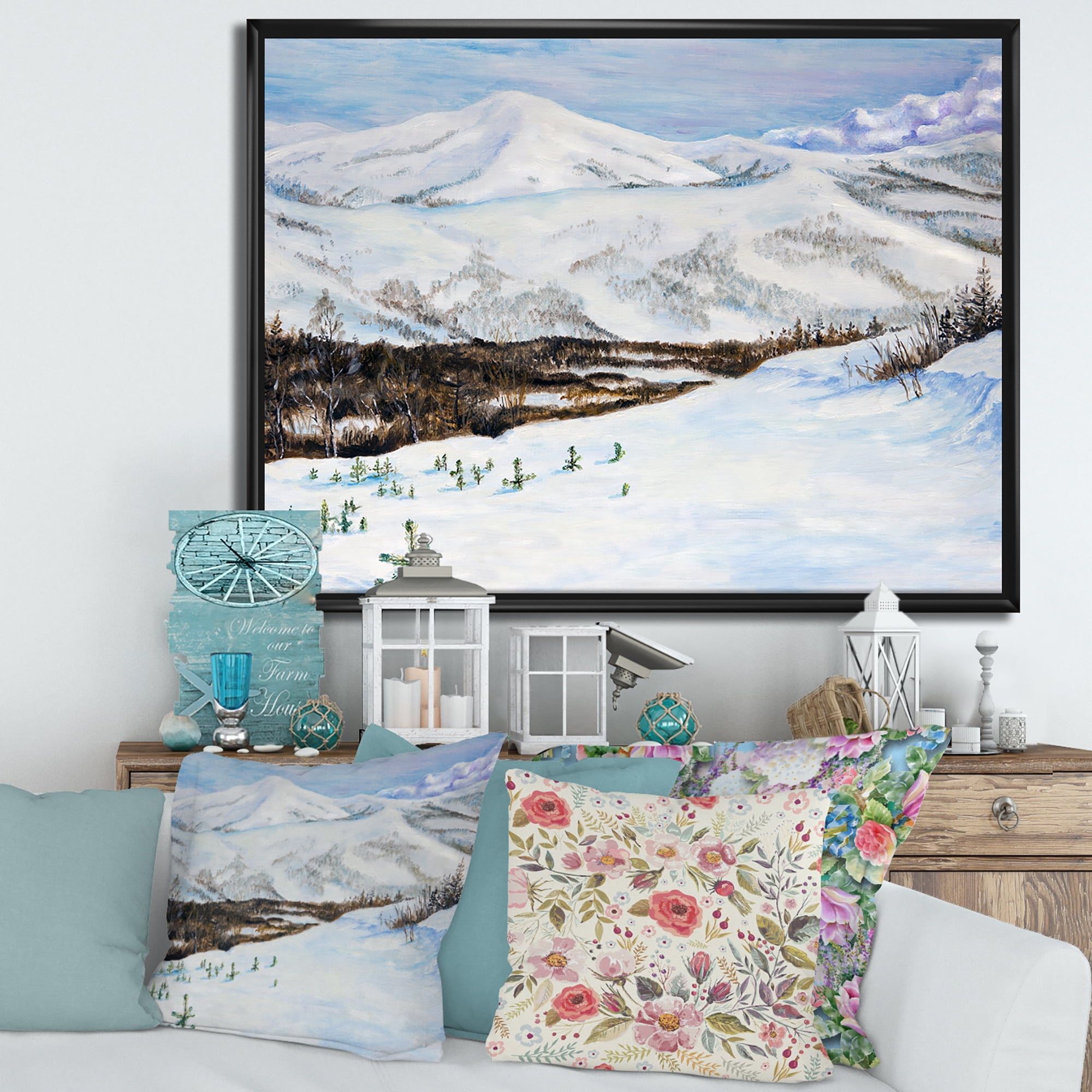 Designart 'Snow-Capped Mountains With Winter Landscape' Traditional Framed Canvas Wall Art Print