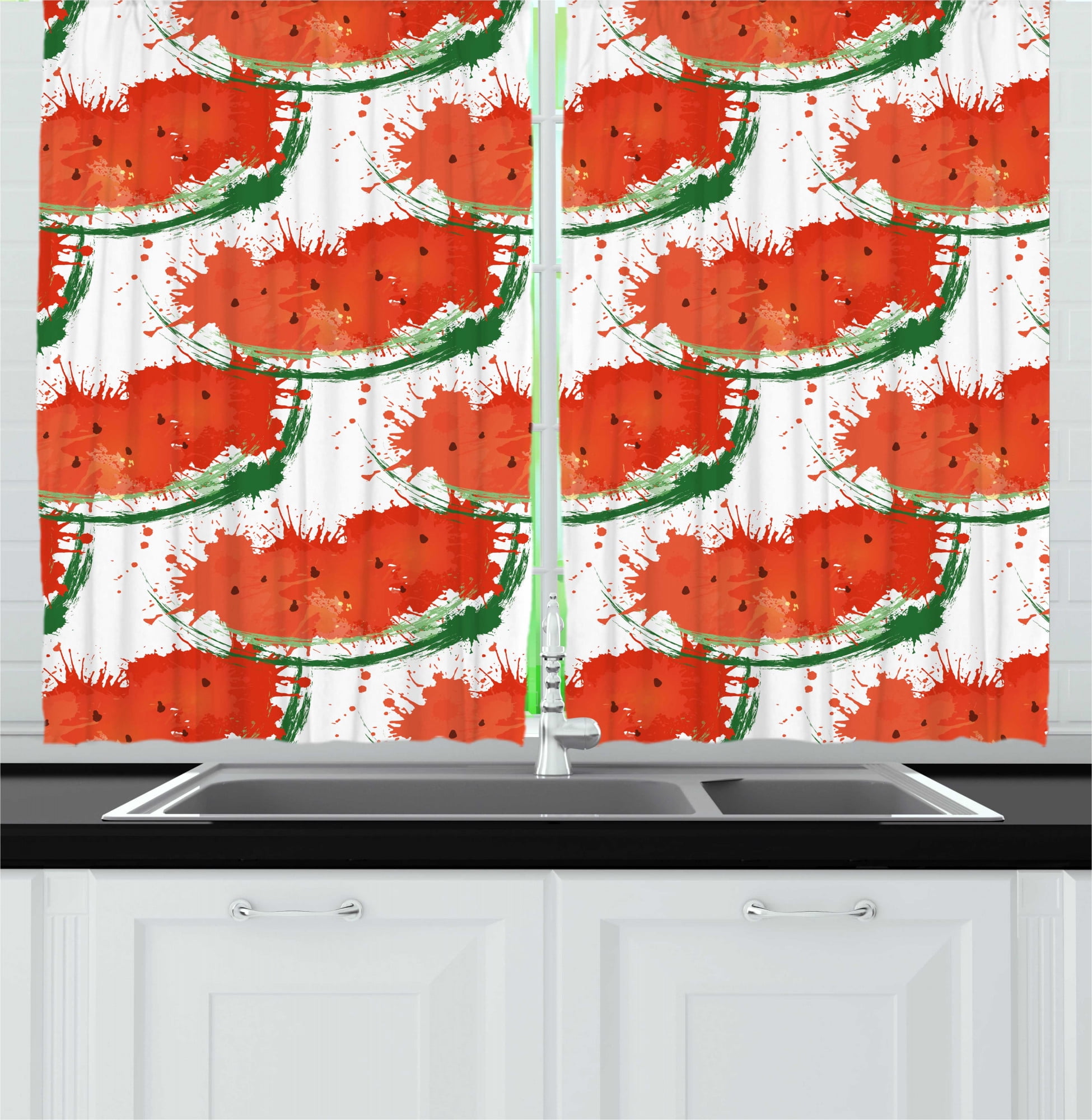 Watermelon Kitchen Curtains, Summer Time Fruit Slices in Watercolor