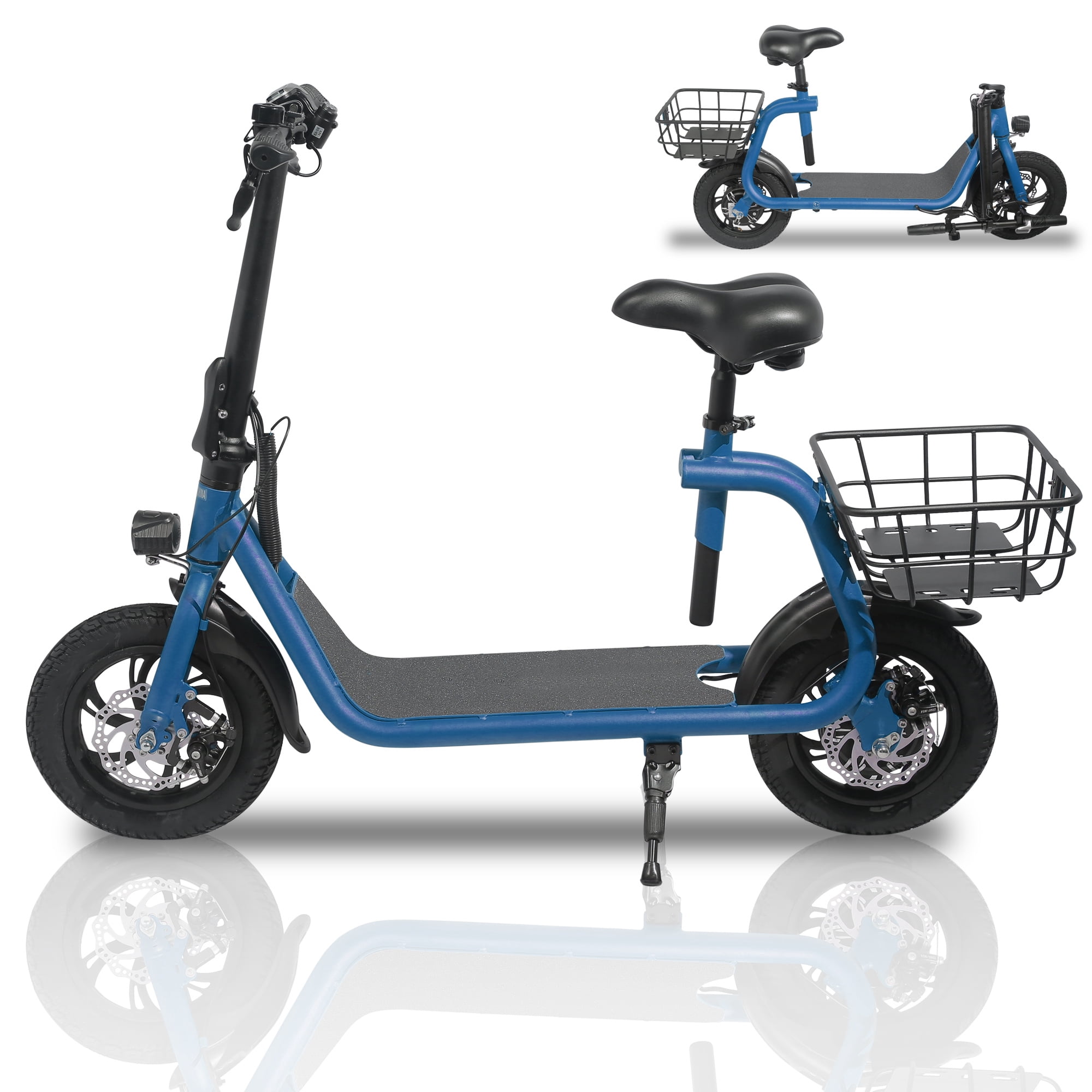 Lohoms 450W 36V Foldable Electric Scooters Bike, Adult Electric Moped Commuter Ebike Biycle Waterproof E-Scooter With Seat Basket 12 in Off-Road Tires, Blue