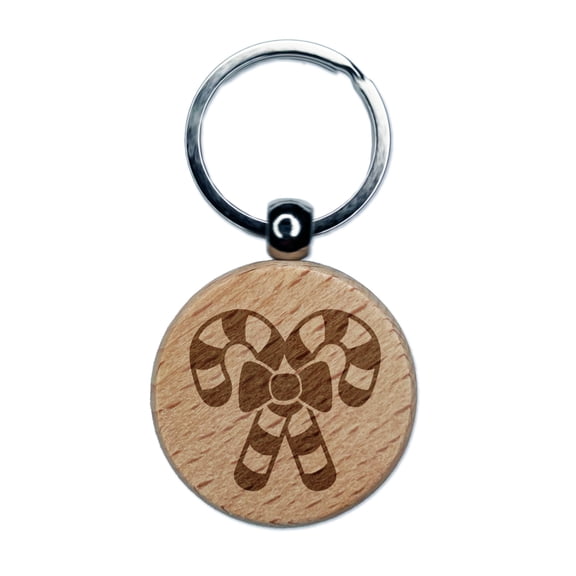Candy Canes with Bow Christmas Round Keychain Charm Tag - Engraved Wood