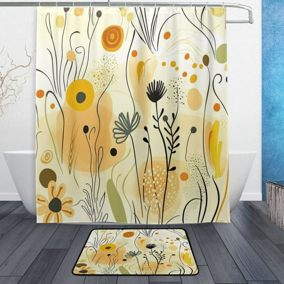 Bath Curtain & Non-Slip Bath Mat Set 12-Grommet Shower Curtain Memory Foam Bath Rug Nature-inspired Elements