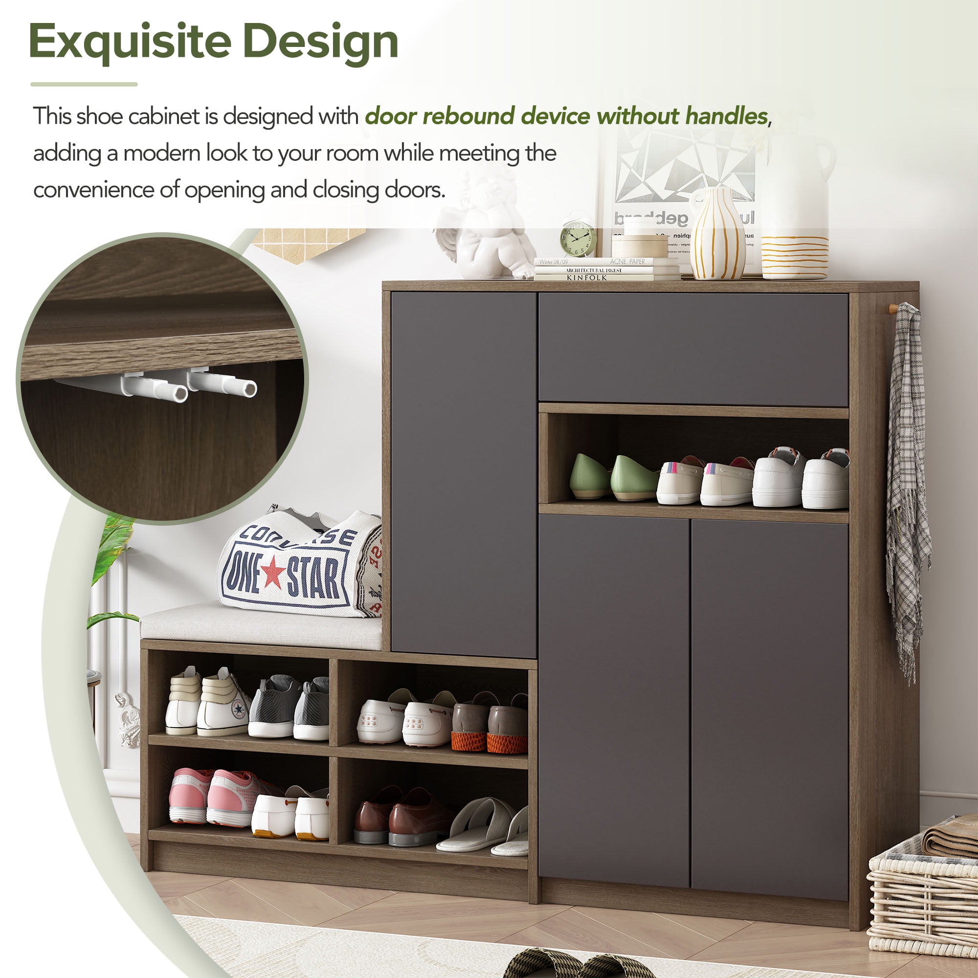 Aukfa Modern 2-in-1 Shoe Storage Bench Shoe Cabinets for Entryway ,Shoe Rack with Padded Seat - Black