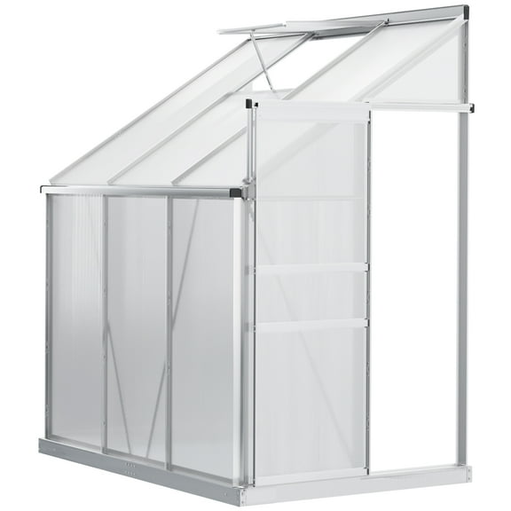 6' x 4' Aluminum Lean-to Greenhouse Polycarbonate Walk-in Garden Greenhouse with Adjustable Roof Vent, Rain Gutter and Sliding Door for Winter, Clear