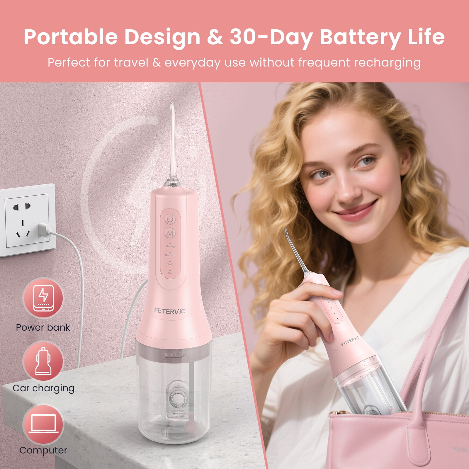 FETERVIC Water Dental Flosser for Teeth – Cordless Oral Irrigator, 8 Jet Tips, 4 Modes, 360° Nozzle, 260ML Rechargeable, IPX7 Waterproof for Home & Travel（Pink）