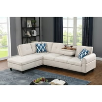 Hommoo L-Shaped Upholstered Sectional Sofa Couch with Storage & Cup Holders, Linen Living Room Sofa Set, No Ottoman, Beige
