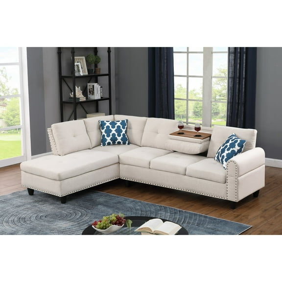 Hommoo L-Shaped Upholstered Sectional Sofa Couch with Storage & Cup Holders, Linen Living Room Sofa Set, No Ottoman, Beige