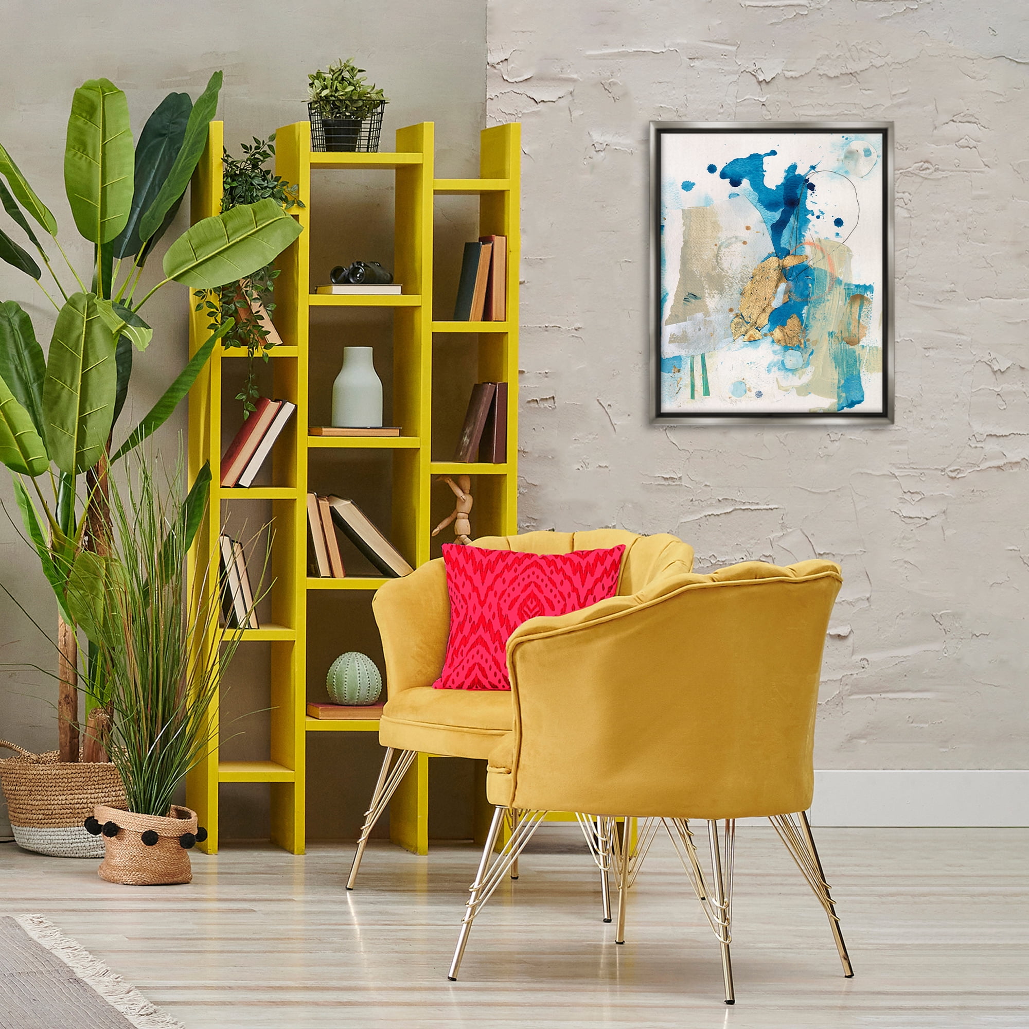 Stupell Industries Blue & Gold Splash Abstract Abstract Painting Gray Floater Framed Canvas Art Print Wall Art, 17 x 21
