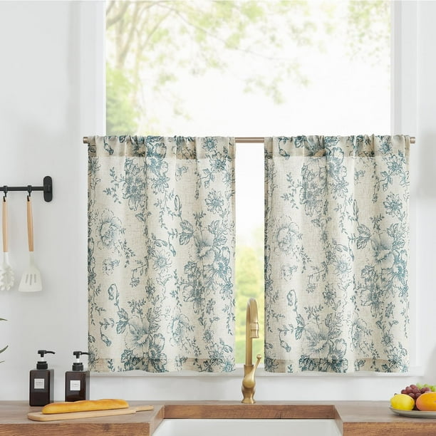 Cortinas Jinchan de lino para cocina, diseño floral francés, 76 x 76 cm, color azul y beige