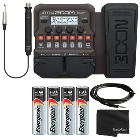 Zoom A1X FOUR Acoustic Instrument Multi-Effects Processor   4 AA Batteries   Cable   Cleaning Cloth - Top Value Bundle