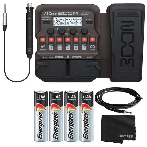 Zoom A1X FOUR Acoustic Instrument Multi-Effects Processor   4 AA Batteries   Cable   Cleaning Cloth - Top Value Bundle