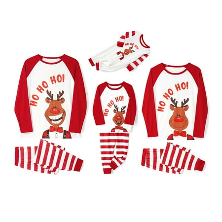 

QILINXUAN Family Christmas Pajamas Matching Set Cartoon Elk Print Long-Sleeve Tops with Striped Pants Sleepwear for Adult Kid Baby
