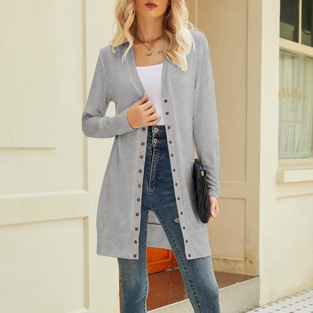 Cárdigan De Punto De Canalé Cárdigan clásico para mujer, informal, de manga larga, con frente abierto, ropa de abrigo para mujer Cgtredaw Gris Claro L para Mujer