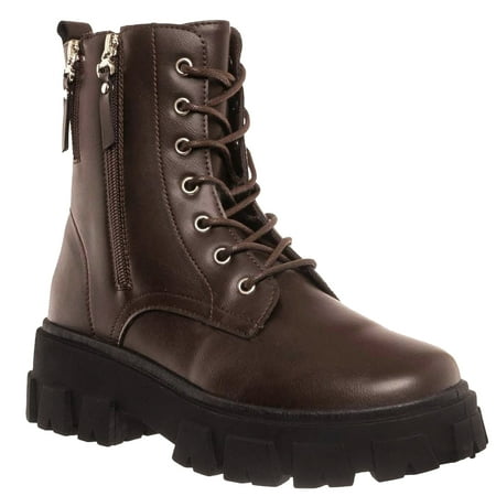 

SNJ New Women s Lug Sole Platform Combat Ankle Bootie Lace up Side Zipper Bootie
