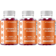 3 Pack Vitamatic Vitamin D3 Gummies - 5000 IU Per Gummy - 60 Vegan Gummies - Great Taste - Healthy Bones, Teeth, Mood, Joint & Immune System Function (Total 180 Count)