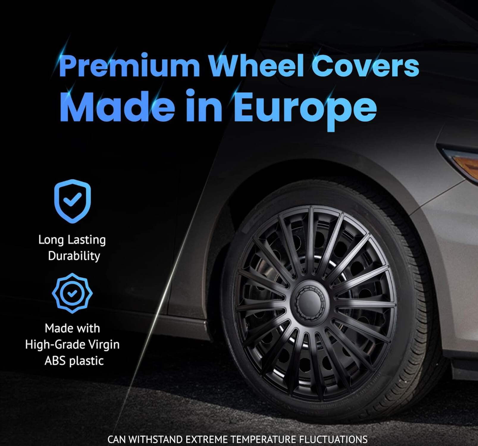 Alpena Austin Black Wheel Covers – Set of 4, European-Made Hubcaps – 15-Inch Universal Fit