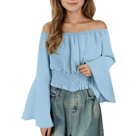 CUZIBR Kids Toddler Stylish Casual Shirt Long Flare Sleeve Loose Fit Off-Shoulder Solid Color Elastic Smocked Casual Top Blouse Fashionable Summer Crop Top Basic Tees Blue 14 Years