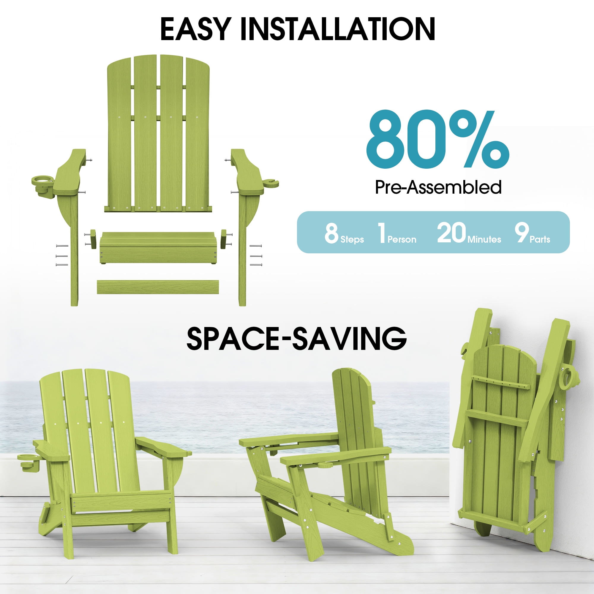 SUUNYN Folding Adirondack Chair, HDPE All-Weather Fire Pit Chairs, Plastic Adirondack Chairs with 2 Cup Holder,Light Green