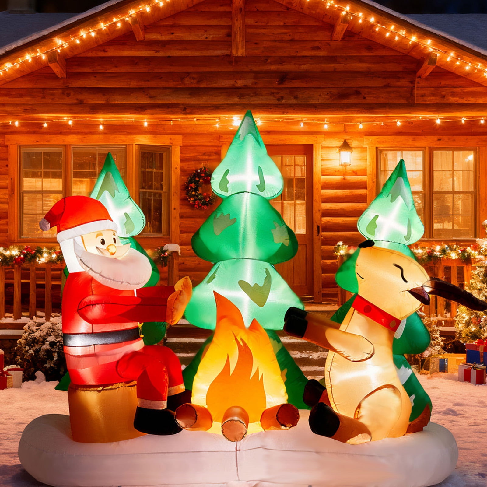 Astoutdoor Christmas Inflatable Decoration, Santa and Reindeer Around Campfire with Built-in LED Lights, 106.3 x 56.3 x 94.5 in