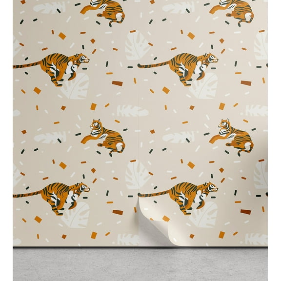 Ambesonne Tiger Peel & Stick Wallpaper for Home, Modern Art Wild Cat Monstera, 13"x36", Amber Grey Yellow