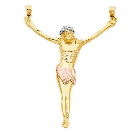 14K Tri Color Tone Solid Gold Jesus Body Crucifix Cross Religious 78mm by 68mm Double Bail Pendant