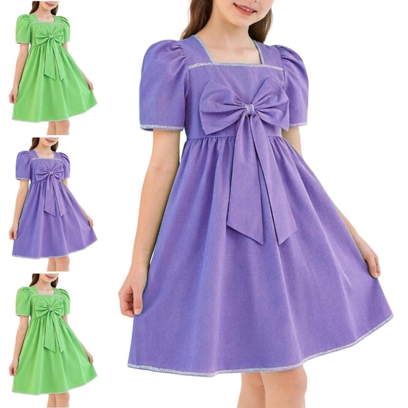Afuyipoi Summer Dress for Girls(For 5-16), Round Neck With Bow Puff Sleeves Solid Color Knee-Length Dress For Girls Green 7-8 Years