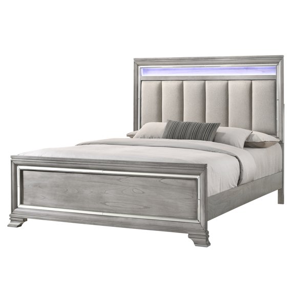 Miekor Furniture 1pc King Size Panel Bed Integrated Led Lighting Tufted Headboard Wood Grain Soft Gray Finish Wooden Solid Wood Furniture 31705