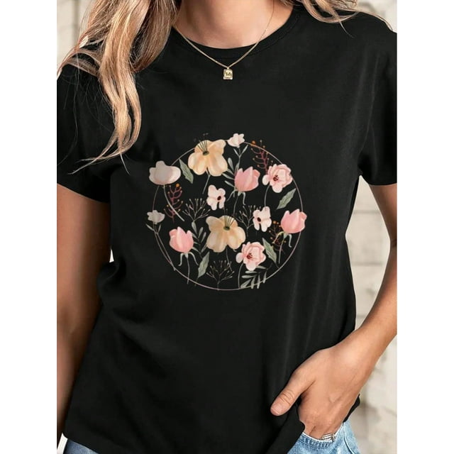 Camiseta estampada con flores para mujer, cómoda, de manga corta y cuello redondo, ideal para el tiempo libre.