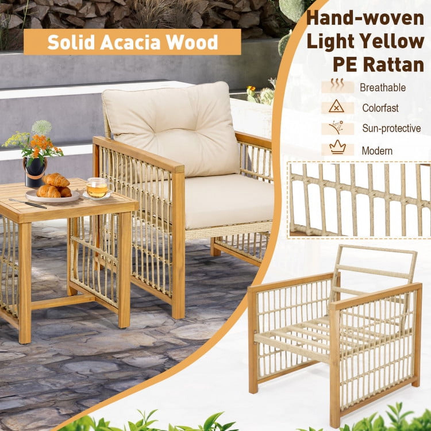 Aimee Lii 3 Pieces Patio Wicker Conversation Set with Acacia Wood Frame and Cushions, Outdoor Patio Set, Beige