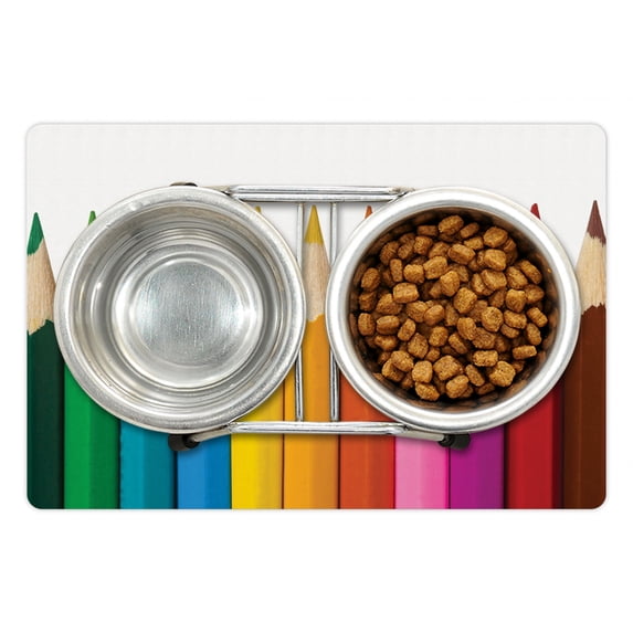 School Pet Mat for Food and Water, Creativity Themed Children Colorful Pencils for Painting Macro Photography Print, Non-Slip Rubber Mat for Dogs and Cats, 18" X 12", by Ambesonne