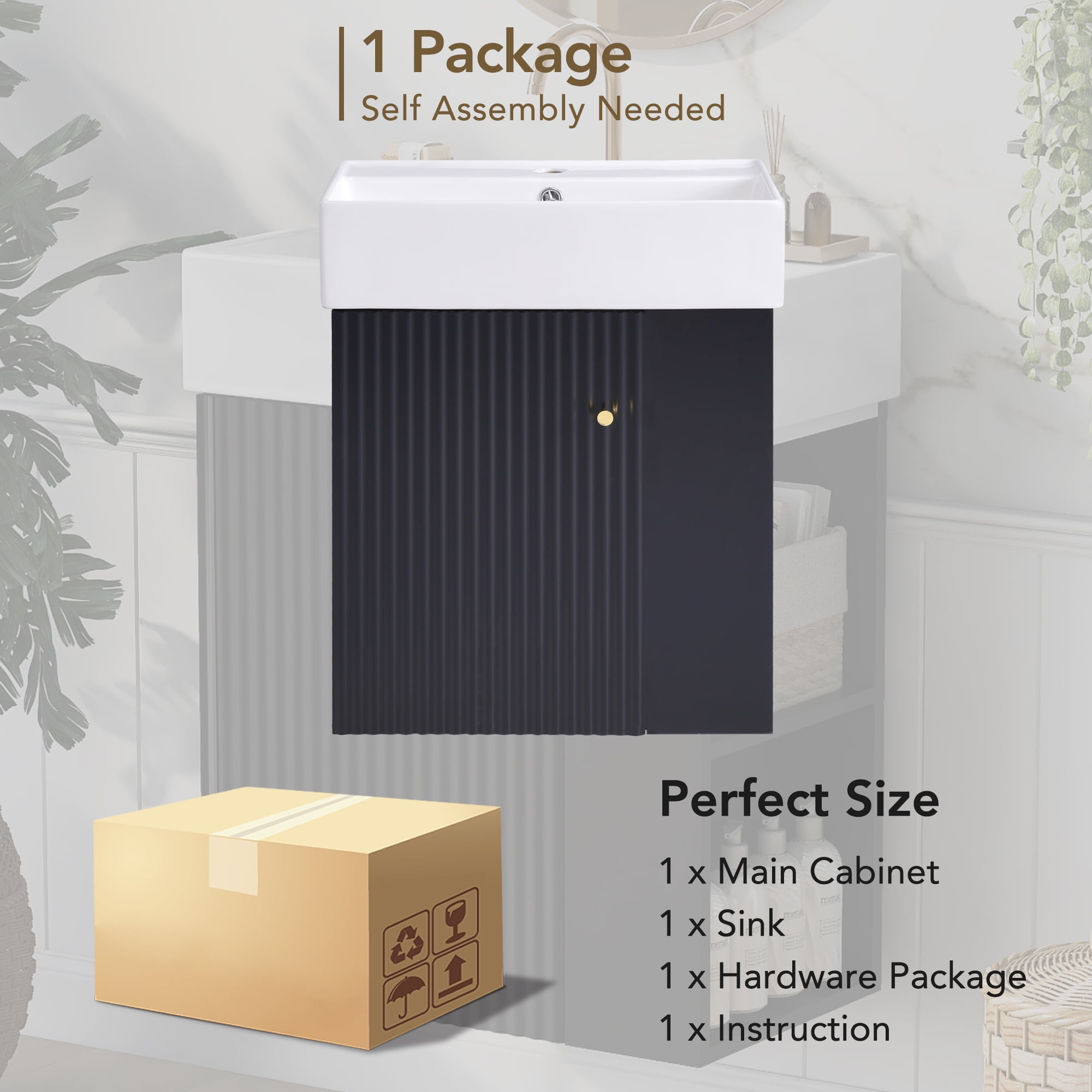 Noble House Meuble-Lavabo Flottant Moderne de 21,6 Pouces avec Bassin en Céramique pour Petites Salles de Bains, Rangement Côté Droit, Noir