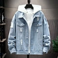 thumbnail image 6 of Men Denim Jacket Ripped Button Closure Solid Color Streetwear Spring Autumn Outerwear Loose Holes Jeans Coat for School, 6 of 7