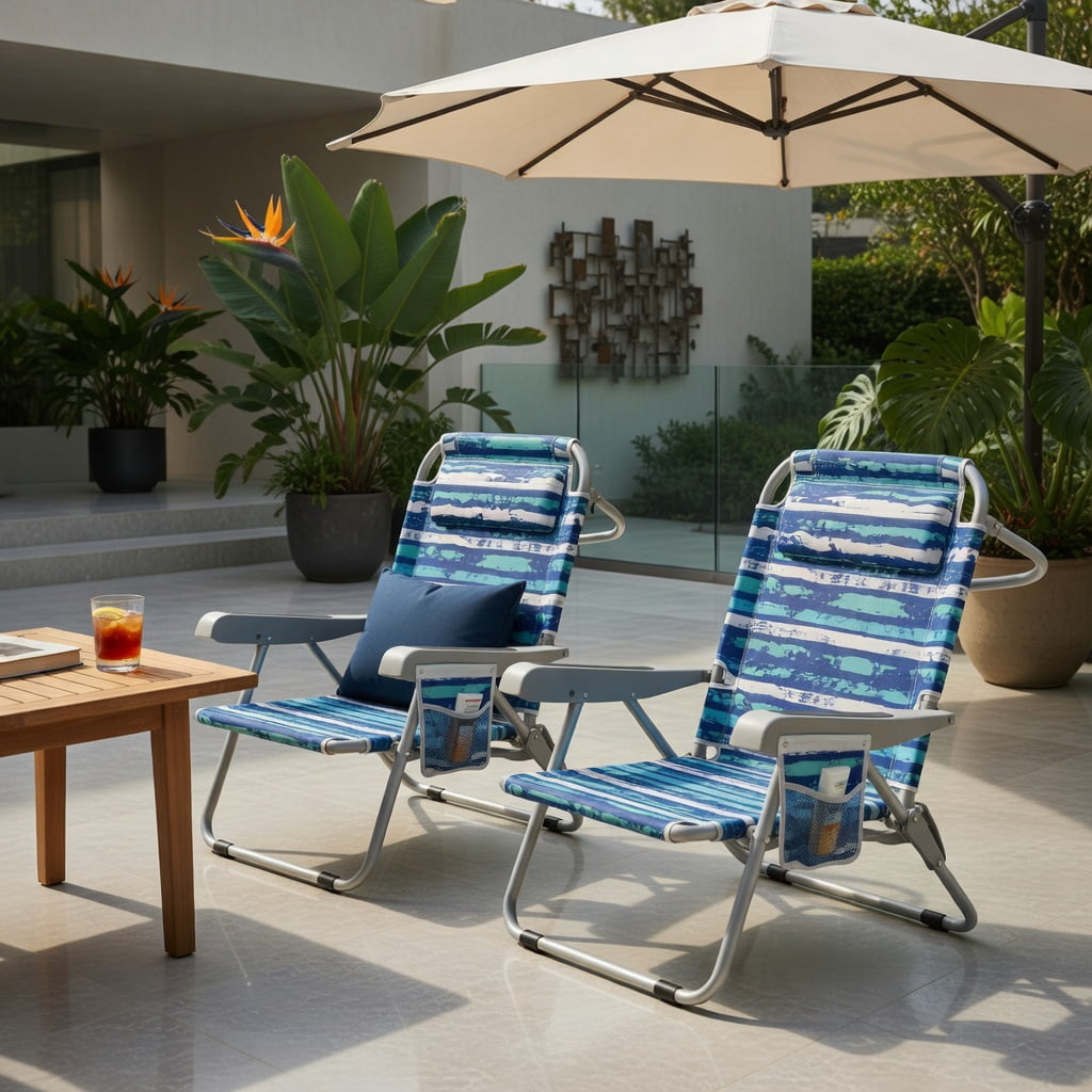 Hommoo Foldable Beach Chair with Cup Holder & Storage Pockets, Lightweight Aluminum Frame, Adjustable Backrest, Navy