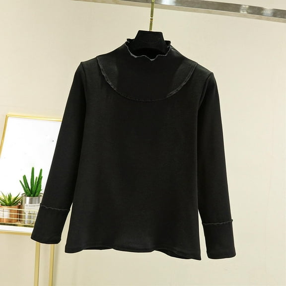 Womens Tops Plus Size Long-sleeved Half-high-neck Solid Color Fleece Undershirt Black L