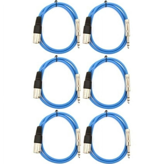 Seismic Audio SATRXL-M3, 6 Pack of Blue 3' XLR Male to TRS Patch Cables
