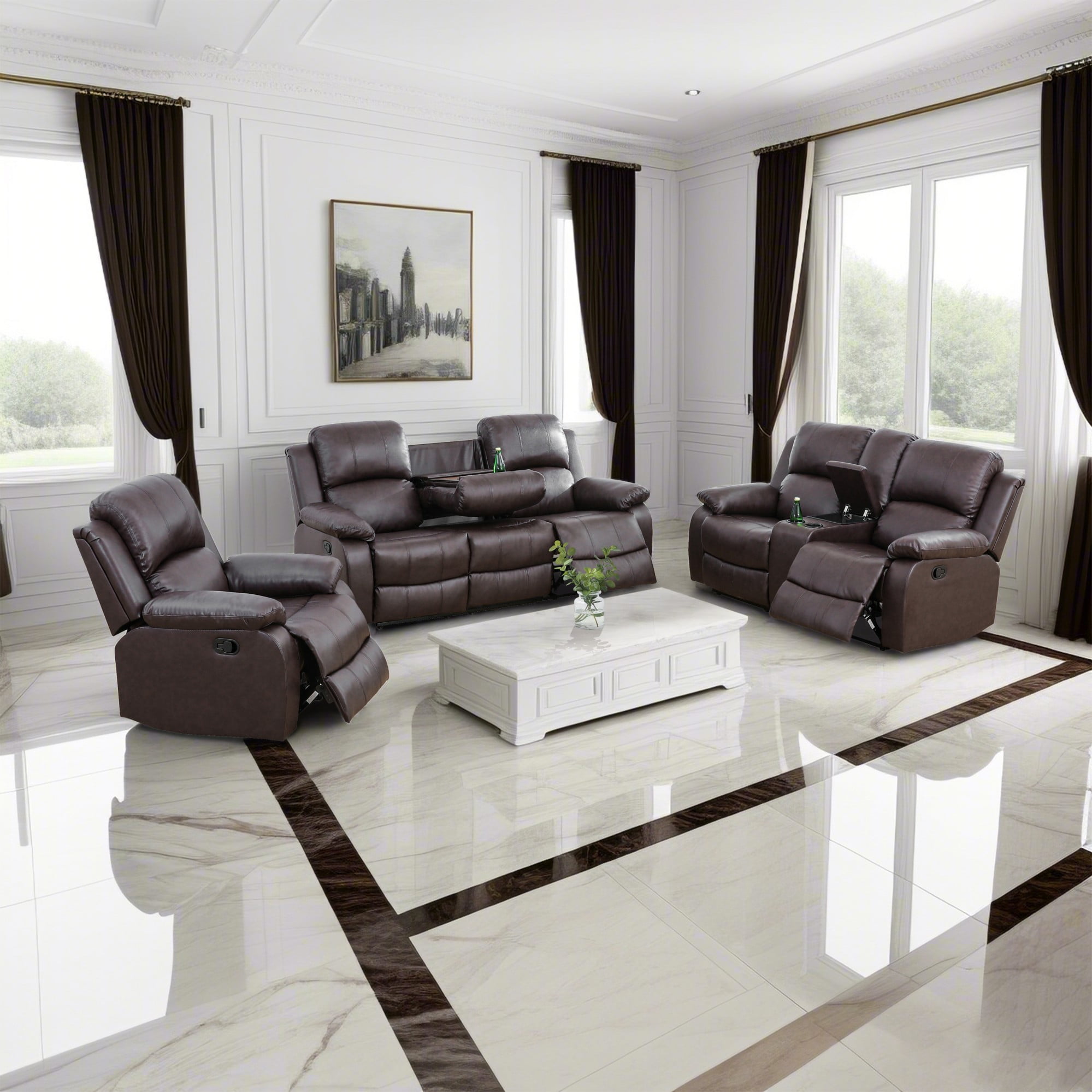 Gewnee Brown 3-Piece Living Room Air Leather Recliner Sofa Set with Console & Cup Holders