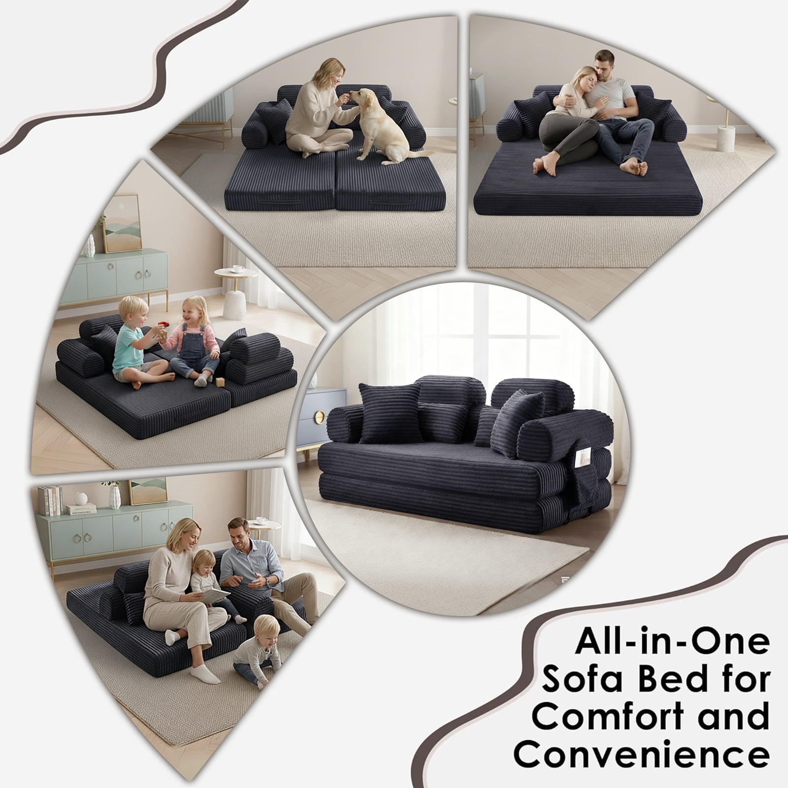 Convertible Sleeper Sofa Bed, 78.5" Modern Futon Sofa Bed for Living Room, Foldable Loveseat Sofa with Memory Foam, Corduroy Floor Mattress Couch, No Assembly Required (Dark Grey)