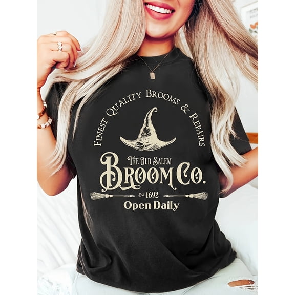 Women's Vintage Halloween T-Shirt - Salem Broom Company Witchy Graphic Tee - Soft Black Shirt for Halloween Parties, Everyday Witchy Outfits - Machine Washable Costume Apparel, Spooky Season Wear