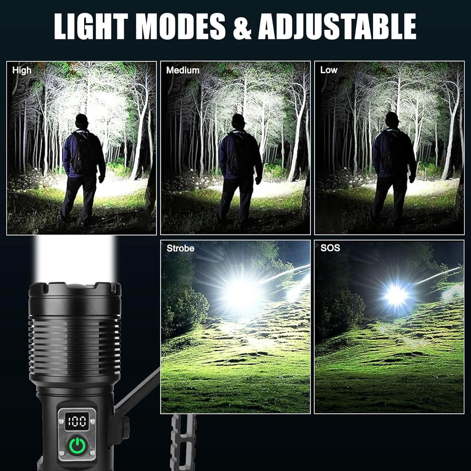 WOLFWAY Flashlights High Lumens, Rechargeable Torch with Cob Taillight, 2500 Lumens Super Bright LED Light, Flash Light with 11 Modes
